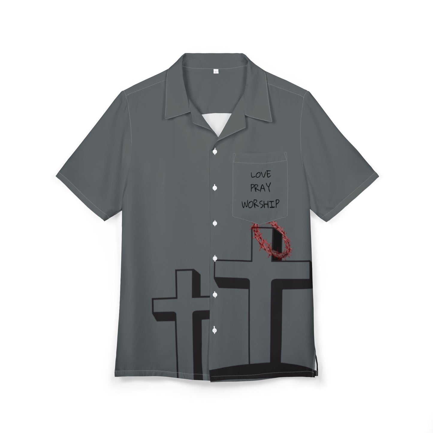 Unisex Hawaiian Button-Down Shirt - Love Pray Worship Design