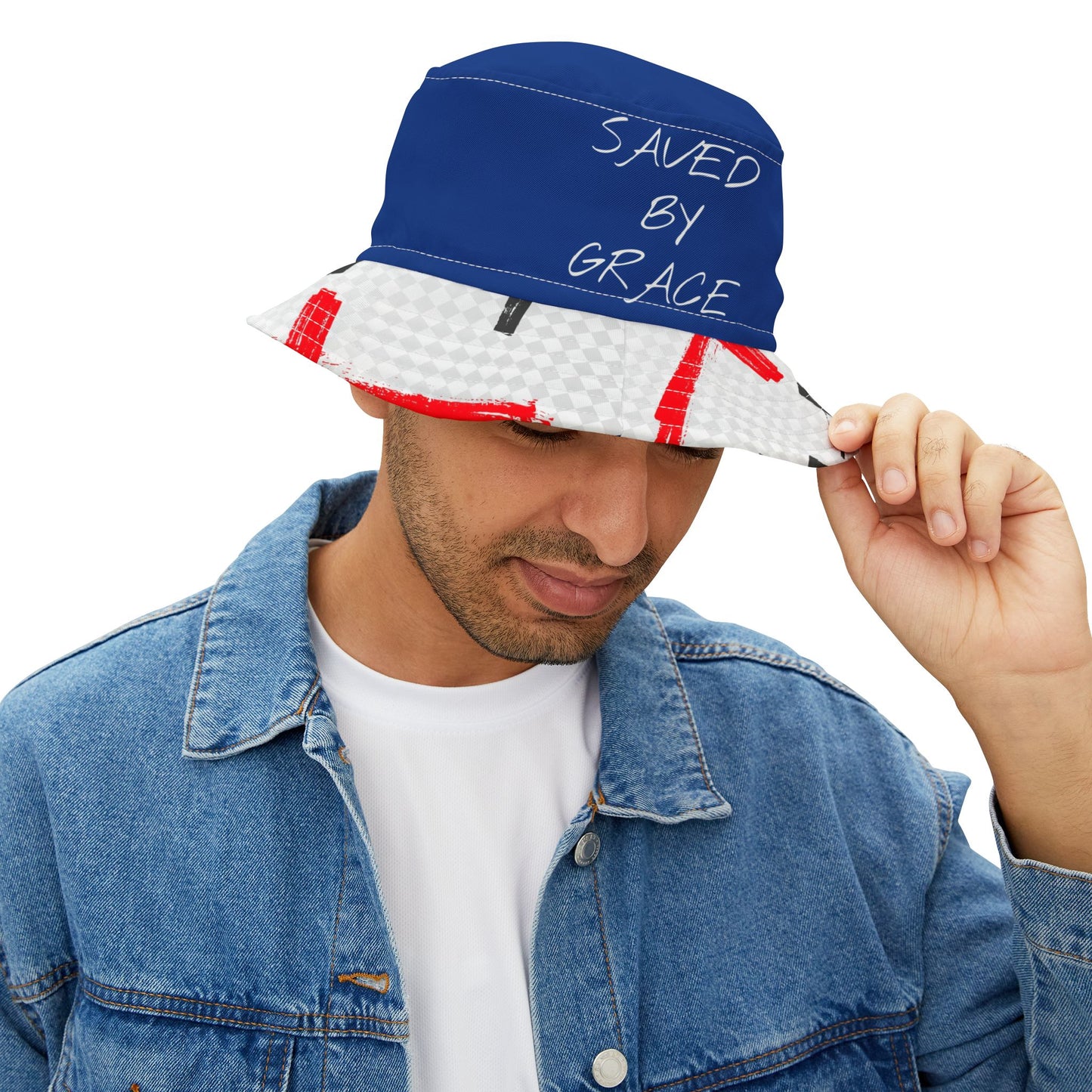 Saved by Grace Bucket Hat | Trendy AOP Hat, Christian Gift, Beachwear, Summer Accessory, Fashionable Headwear