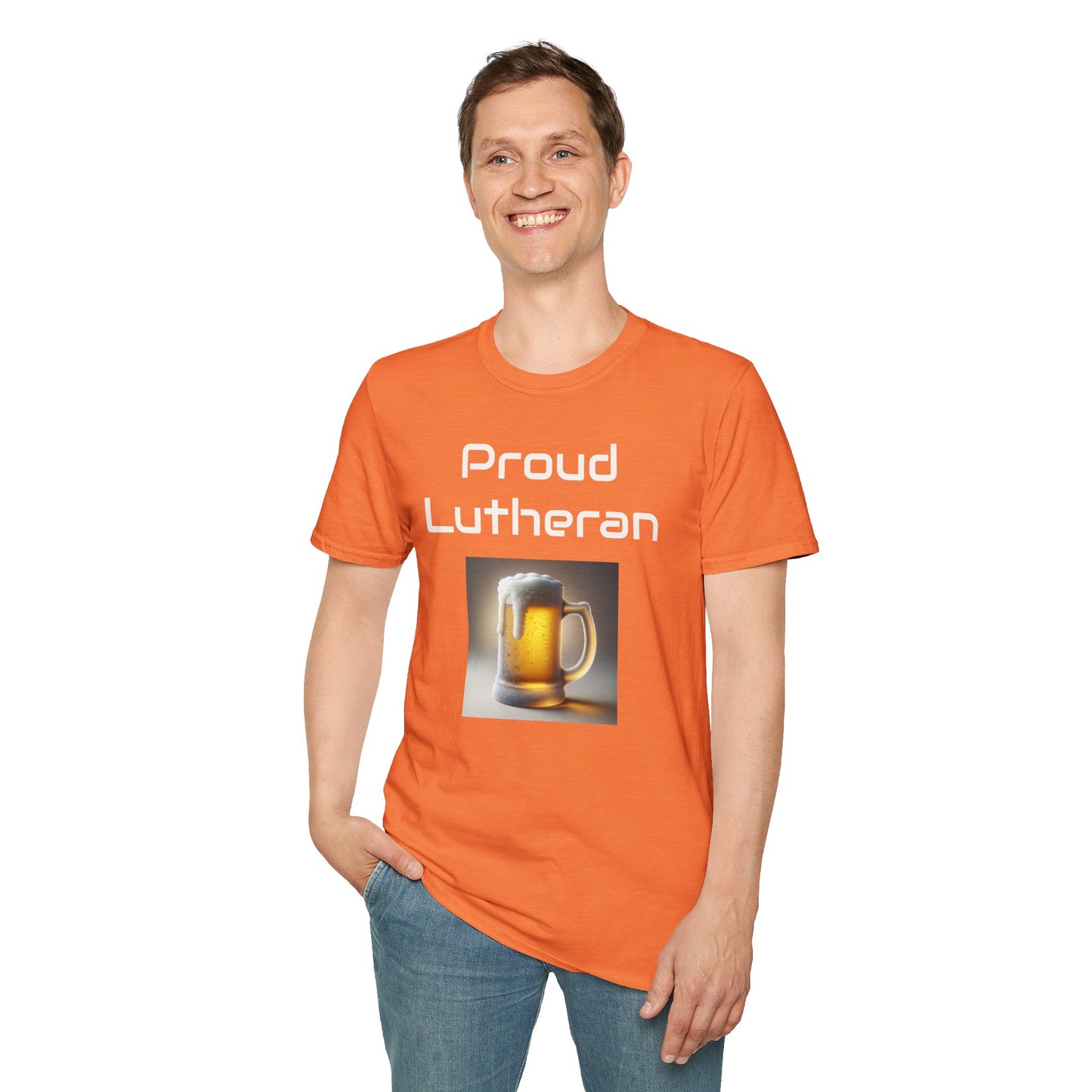 Proud Lutheran Unisex T-Shirt - Orange Beer Mug Design