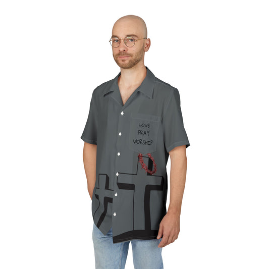 Unisex Hawaiian Button-Down Shirt - Love Pray Worship Design